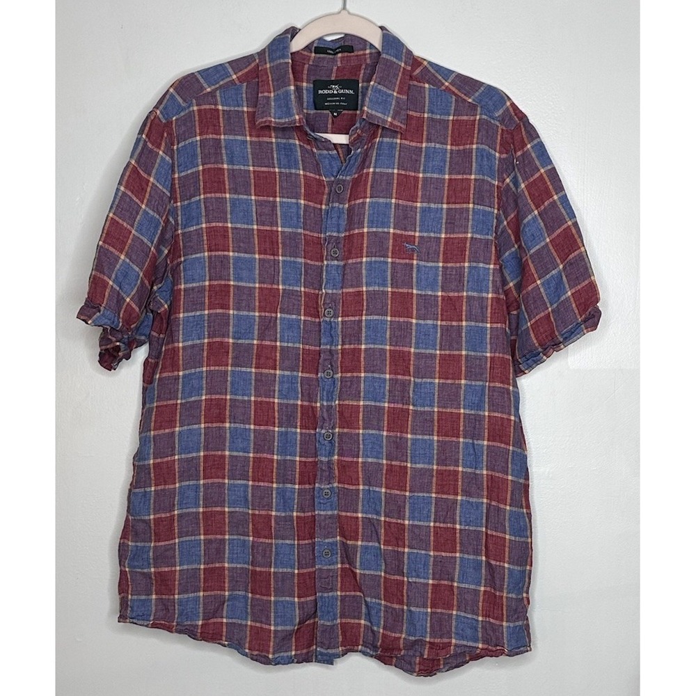 Rodd & Gunn Italian Linen Short Sleeve Red Blue Plaid Button Up Shirt Men's M
